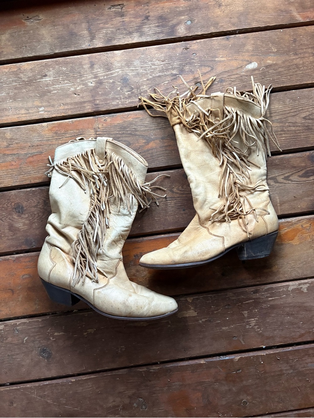 Vintage Leather Fringe Boots - Cream